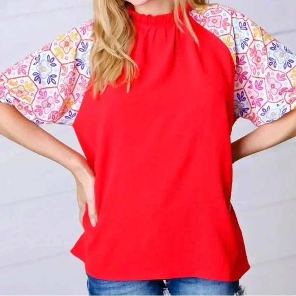 New Cardinal Red Frilled Mock Neck Floral Puff Sleeve Top Medium - Picture 1 of 6
